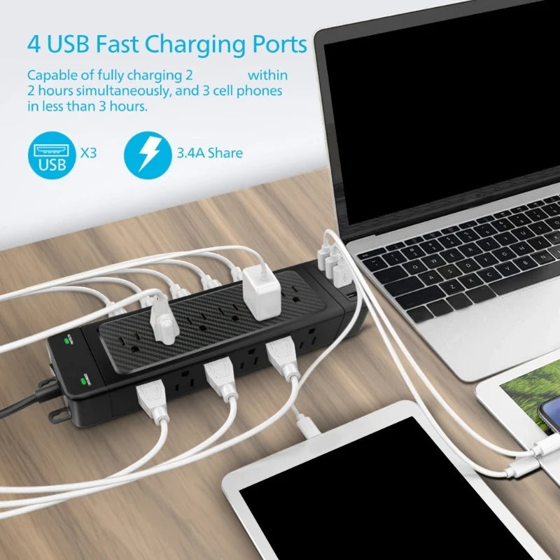 Long Cord Power Strips,1680Joule Protector 9.8ft Extension Cord with Multiple Outlets 18AC 4USB Ports Flat Plugs K1KF Quake
