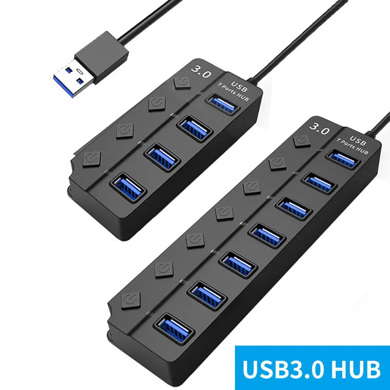USB 3.0 Hub Multi USB Splitter Hub Use Power Adapter 4/7 Port Multiple Expander USB 3.0 Hub with Switch 30CM Cable Quake 4 Ports