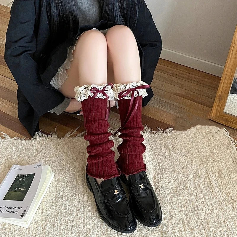1 pair Y2K Lace Ribbon Leg Warmers Women Autumn Winter Ballet Style Lolita Knee Warmers JK Knitted Long Stockings Quake