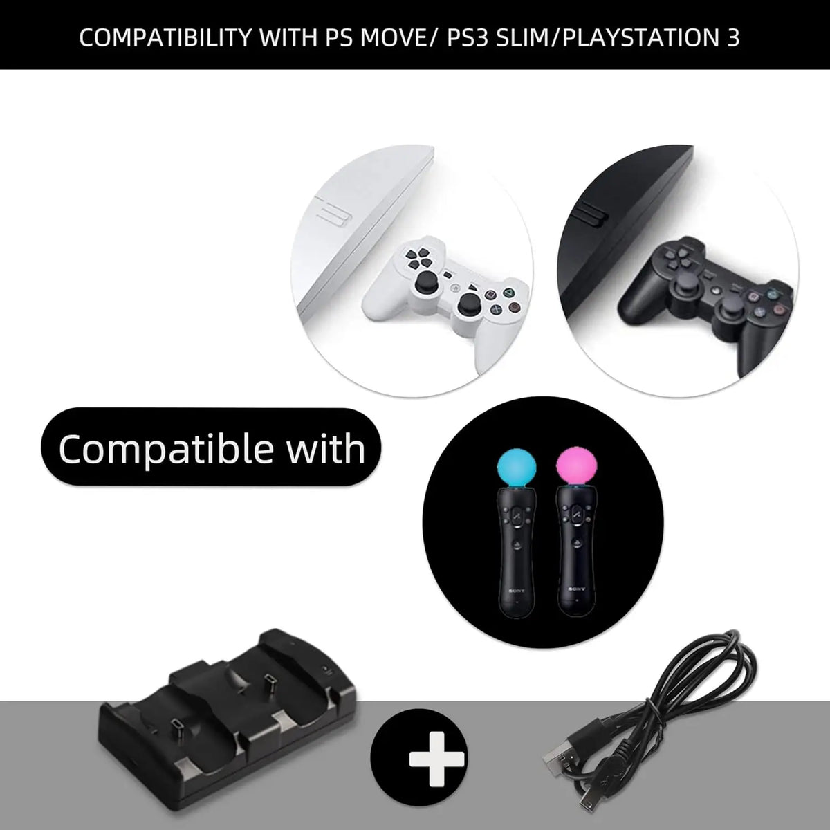 PS3 Controller Charger Station, Charging Dock for PS3 Original Wireless Dual Controller and Move Controller with LED Light Indic Quake