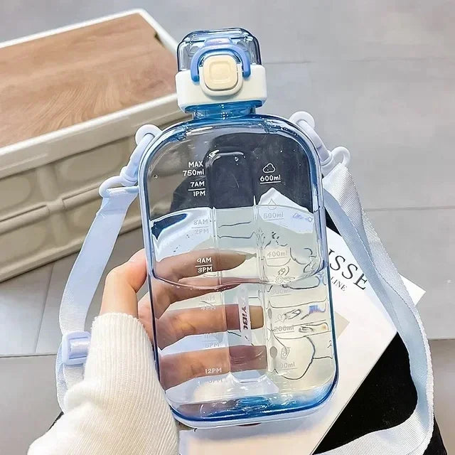 Flat Square Transparent Water Bottle Portable Travel Canteen with Adjustable Strap Elegant Slim Bottle for Sport Camping Quake 750ml Style 2 Blue