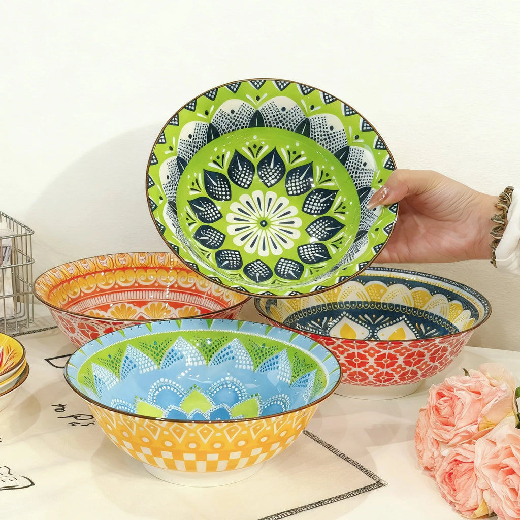 1/4-Piece Bohemian Ceramic Soup Bowl Set, 8-Inch Microwave & Dishwasher Safe, Ramen Pasta Salad Bowl Quake