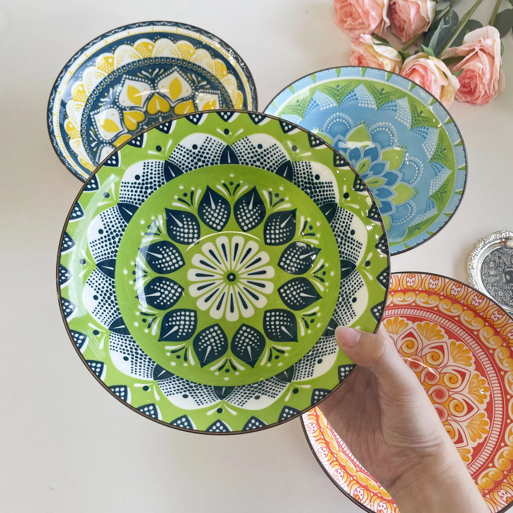 1/4-Piece Bohemian Ceramic Soup Bowl Set, 8-Inch Microwave & Dishwasher Safe, Ramen Pasta Salad Bowl Quake