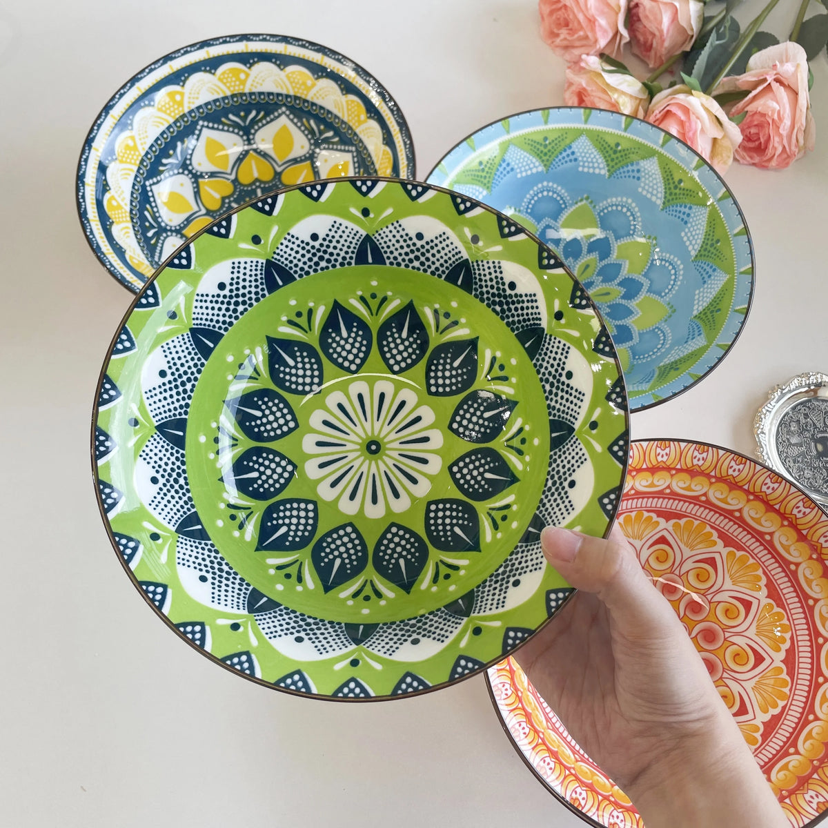 1/4-Piece Bohemian Ceramic Soup Bowl Set, 8-Inch Microwave & Dishwasher Safe, Ramen Pasta Salad Bowl Quake