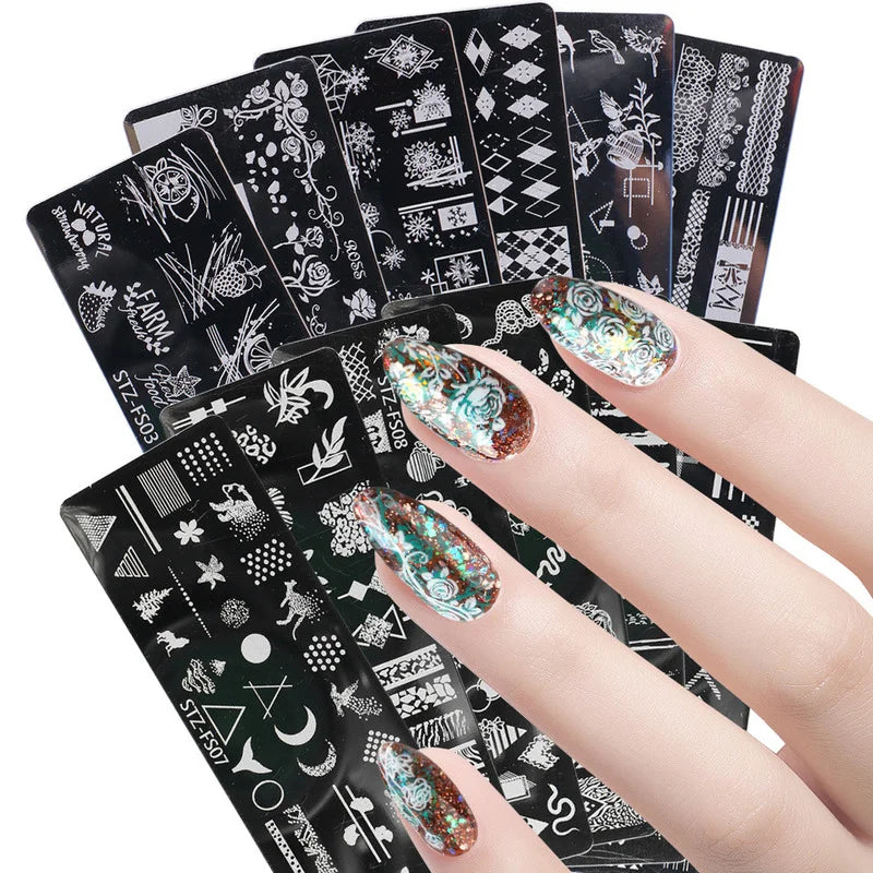 New Nail Stamping Plates Nail Art Transfer Templates Spring Flower Snake Pattern Image Geometric Rhombus Printing Templates Quake