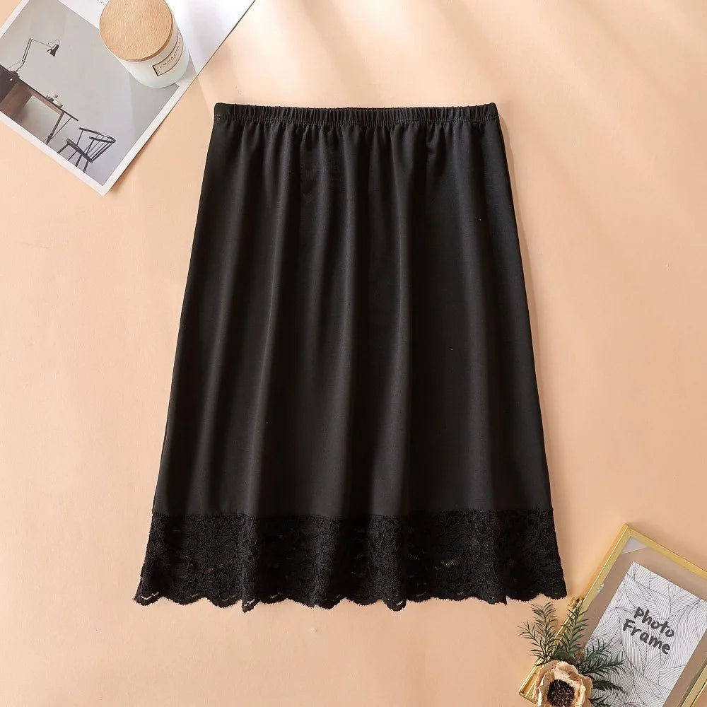 Thin Ice Silk Modal Female Half Length Skirt Anti-glare Lace Underskirt Anti-Penetrating Pure Color Half Slip Dress Petticoat Quake Black 50cm M