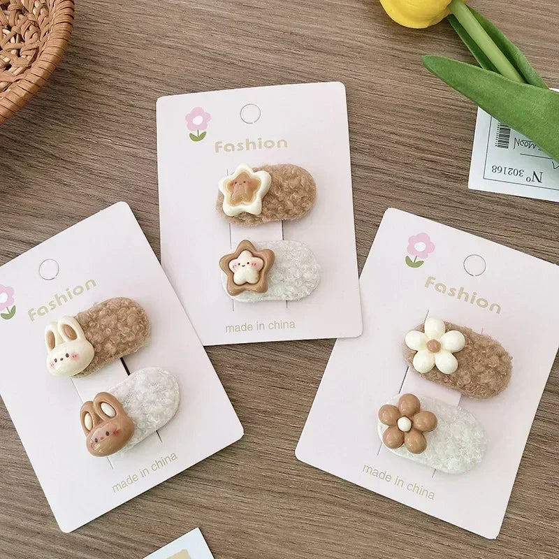 Korean 2pcs Cute Kids Hair Clip Cartoon Rabbit Floral Hair Pin for Girls Milk Coffee Bang Side Clip Children Headwear Quake