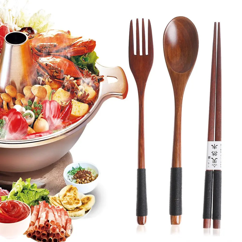 Japanese Style Portable Cutlery Set Spoon Fork Chopsticks Natural Wooden Cloth Bag Quake