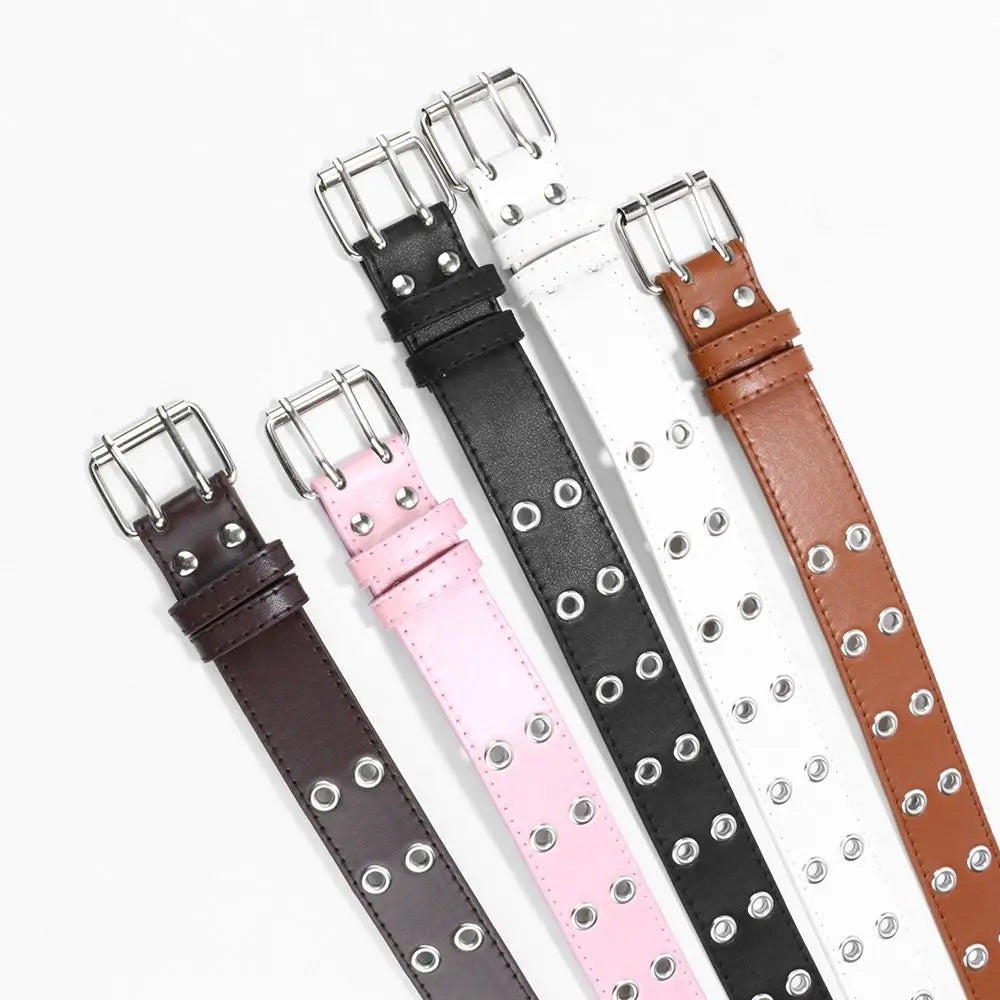 Fashion Punk Waistband PU Leather Double Holes Waist Strap Metal Pin Buckle Solid Color Decoration Belt Children Quake