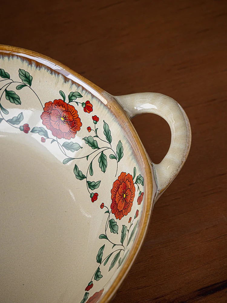 Vintage Floral Double Handle Ceramic Bowl Microwave Safe Salad Soup Bowl Porcelain Noodle Pasta Bowl Home Kitchen Tableware Quake