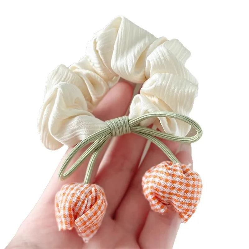 Cream White Pink Tulip Flower Hair Scunchies Satin Bow Hairbands Sweet Cute Ponytail Holder Hair Ropes Hair Styling Accessories Quake