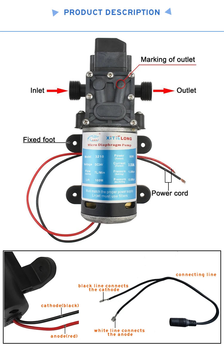 24V 80W Small Electric Spray Pump Automatic Pressure Control Car Wash Diaphragm Pump, Used for Water Pressure Boosting Quake