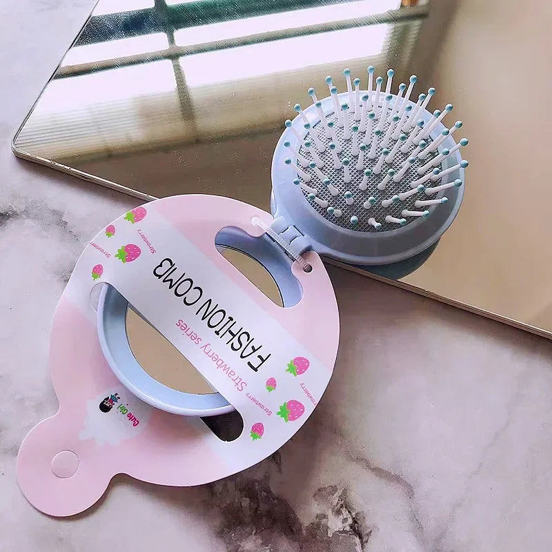 New Candy Color Folding Comb with Mirror Small Portable Travel Anti-static Folding Air Cushion Massage Combs Hair Care Brushes Quake Sky Blue