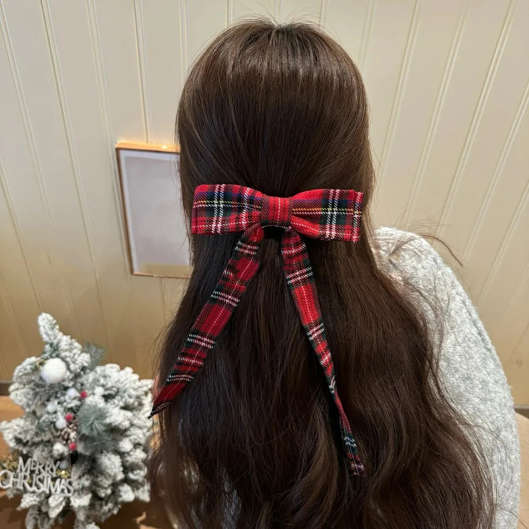 Vintage Plaid Print Bow Hairpins Women Girls Hair Clips Claw Elegant Barrettes Accessories Hairclip Headdress Headwear Ornament Quake red