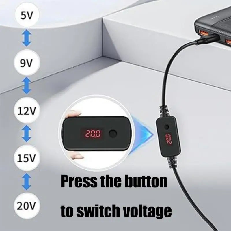 USB C to Round Tip Power Cable with Digital Readout, Voltages Adjustable 5V-20V Output for Worktable Electronics Use 120cm K1KF Quake