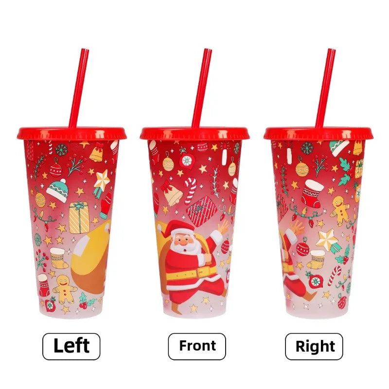 24 Oz Coffee Straw Cup Reusable Christmas Color Changing Cup with Lid Plastic Cold Bucket Party Drink Cup Quake