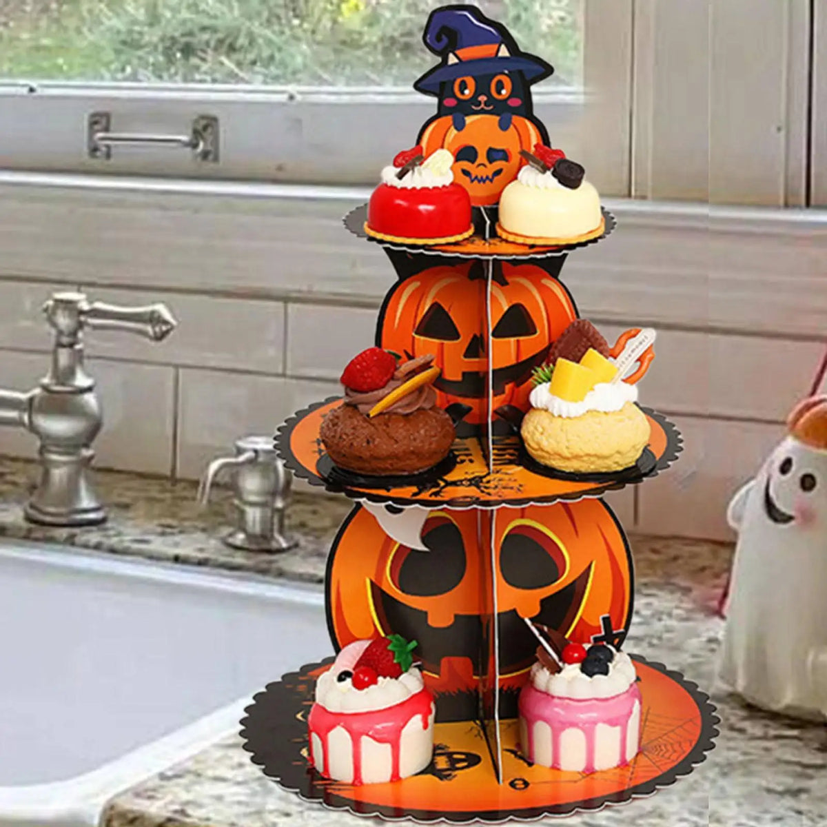Halloween Cupcake Stand 3 Tier Halloween Party Pumpkin Cake Stand Cake Dessert Stand for Baby Shower Birthday Party Supplies Quake