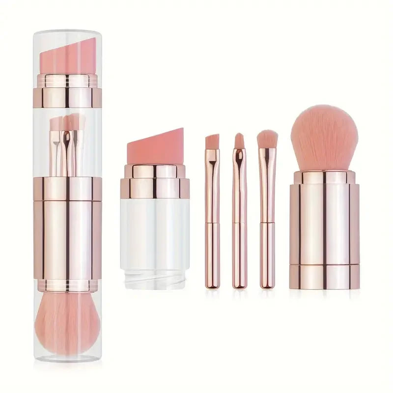 5 In 1 Portable Retractable Makeup Brushes For Foundation Eyebrow Lip Eyeshadow Loose Powder Cosmetic Set Makeup Brush Tools Quake Rose Gold 5 in 1