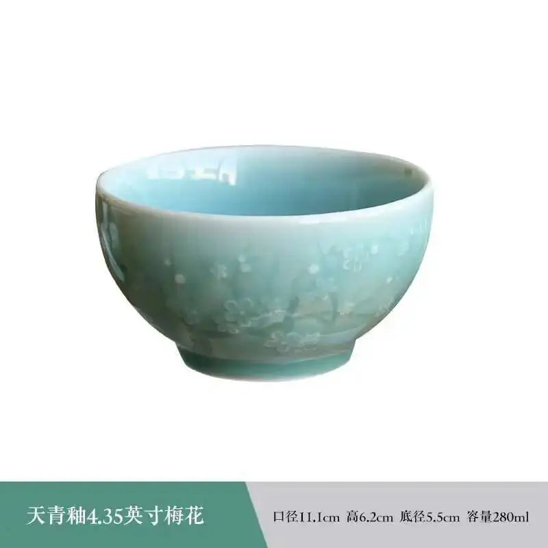 Longquan Celadon Engraved Bowl Ceramic Rice Bowl Chinese Rice Bowl Soup Bowl Quake Plum Blossom