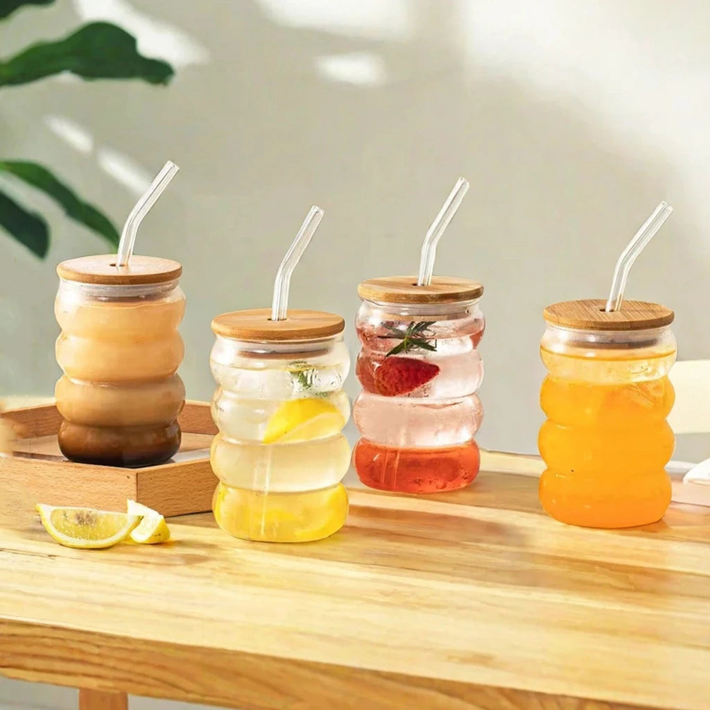 YWD 1/2/4PCS Glass Cup with Lid Straw Heat-resistant Wave Cup Beer Juice Ice Coffee Cups Cocktail Fruit Glass Drinkware Quake