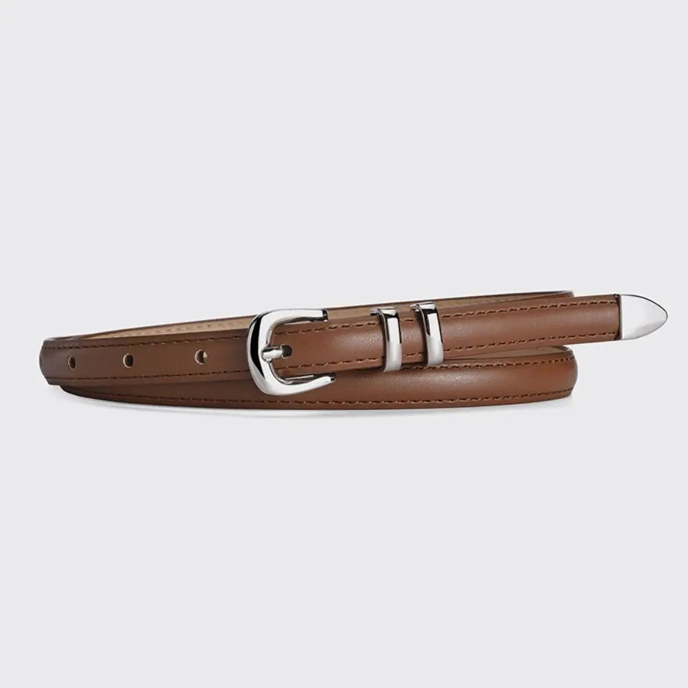 Trend Luxury Design PU Leather Belt Casual Retro Silver Pin Buckle Waistband Versatile Thin Belts Quake coffee