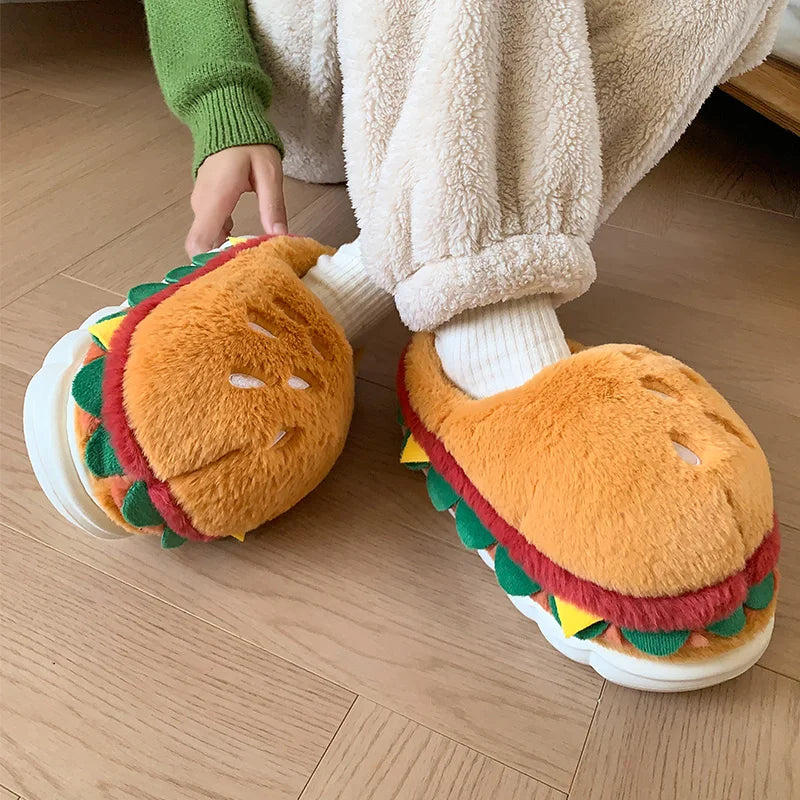 Hamburger Cotton Slippers for Women in Winter New Home Bag and Warm Plush Couple Cotton Shoes for Women Quake