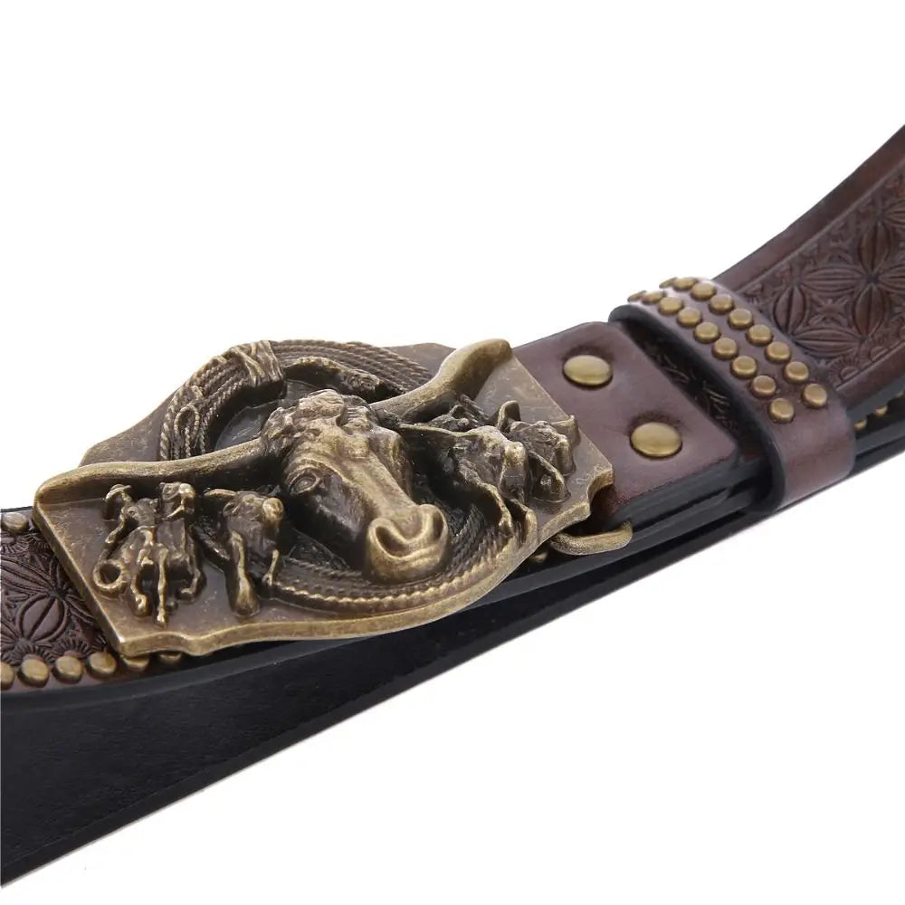Retro Western Cowboy Men's PU Leather Belt Luxury Design Trendy Brand Ox Head Waistband Jeans Pants Belt Quake