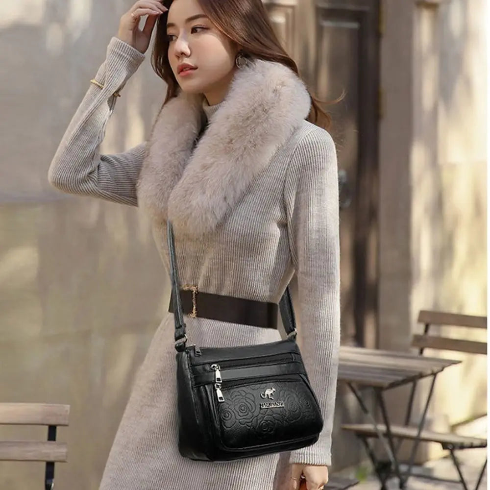 Elegant PU Leather Buying Vegetable Bag Large Capacity Black Middle-aged Mother's Bag Multi-layer Shoulder Messenger Bag Woman Quake