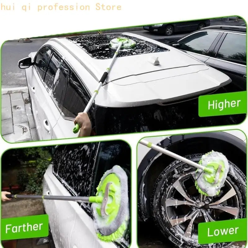 Rotating Car Cleaning Mop With Fiber Head, Long Segmented Handle and Grip Zone for Reaching Curved Exterior Sections on SUVs and Quake