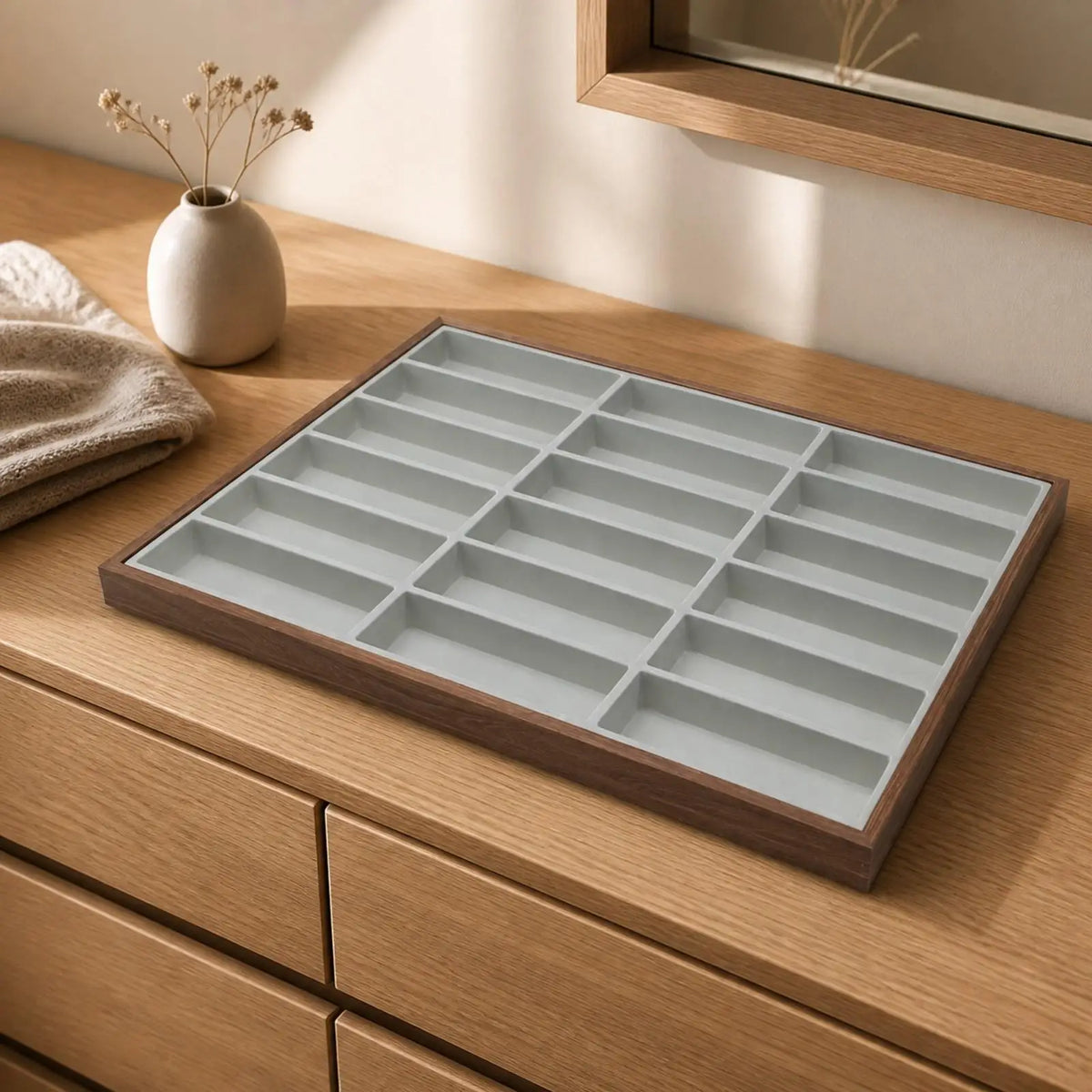 Wooden Sunglasses Display Tray 18 Compartment Felt Bottom Organizer Rack for Eyeglasses Retail Counter Showcase Boutique Storage Quake