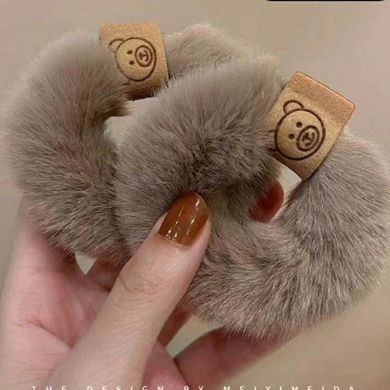 2023 New Soft Plush Hair Rope Korean Thick High Elastic Bear Hairband Braiding Hair Accessories Ponytail Headwear Scrunchies Quake 1pc-khaki