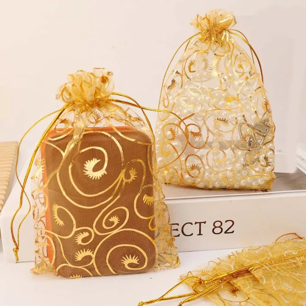 Golden Mesh Drawstring Bag Organza Gift Candy Bags Rattan Printed Jewelry Storage Bag Christmas Wedding Party Favors Pouches Quake