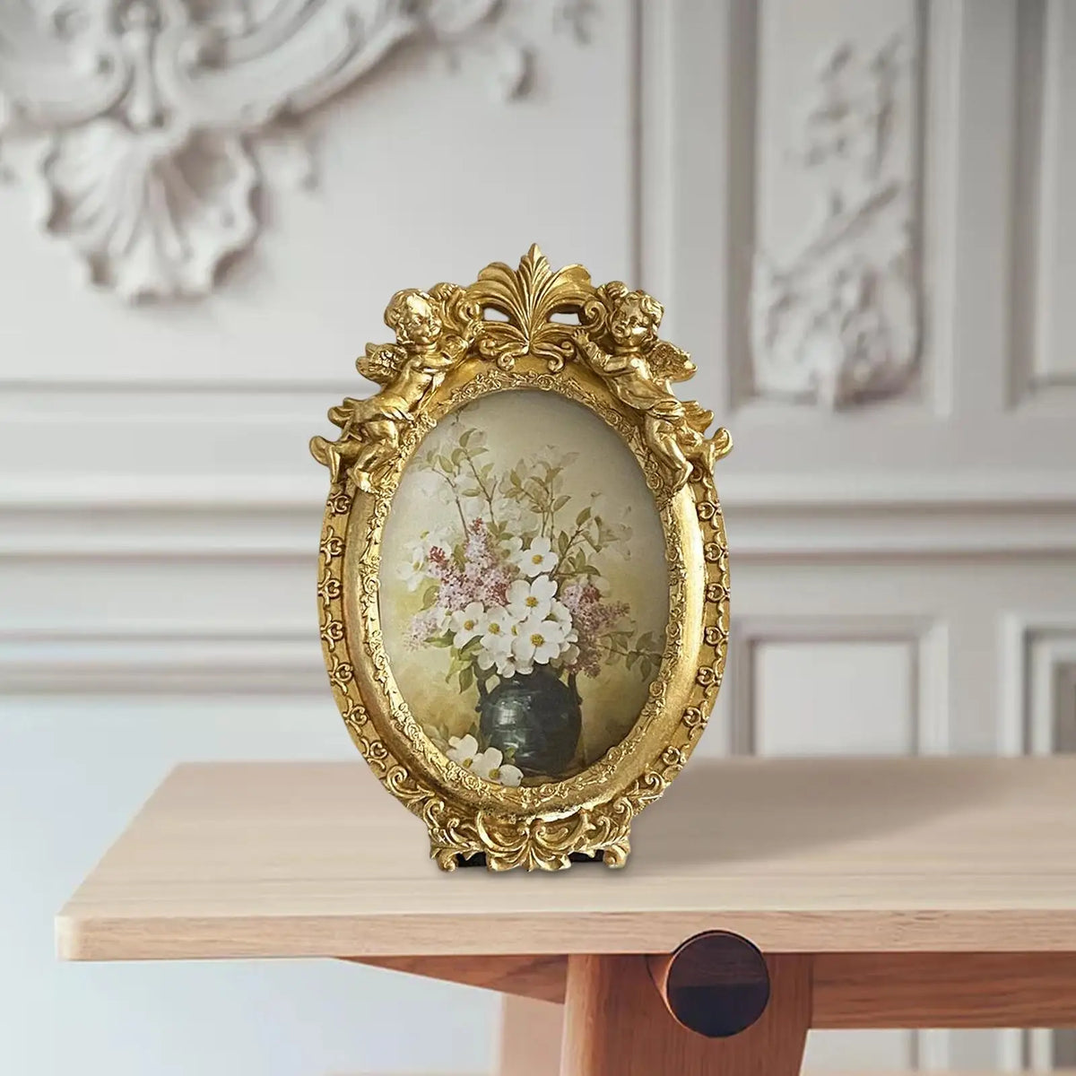 Photo Frame Picture Display Holder Embossed Angel Tabletop Hanging Ornate Desktop Picture Frame for Office Home Kitchen Quake