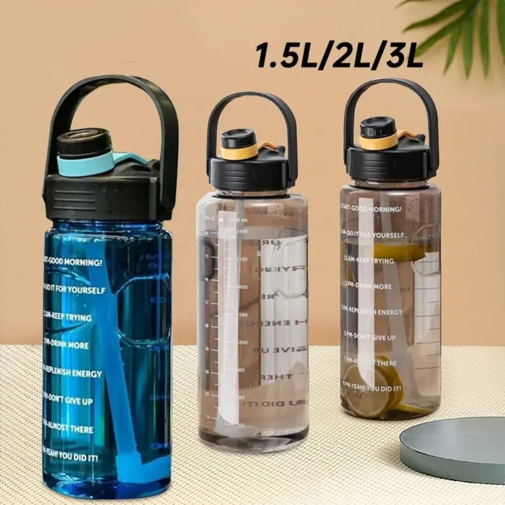 1.5L/2L/3L Sports Water Bottle Portable Leakproof Large Capacity Water Jugs Lightweight with Time Marker Clear Drink Bottle Quake
