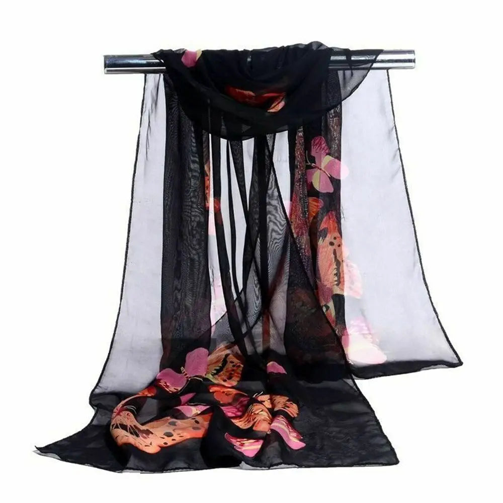 New Trendy Elegant Silk Scarves Women's Butterfly Flower Print Long Chiffon Scarf Soft Wrap Lady Shawl Fashion Accessories Quake black