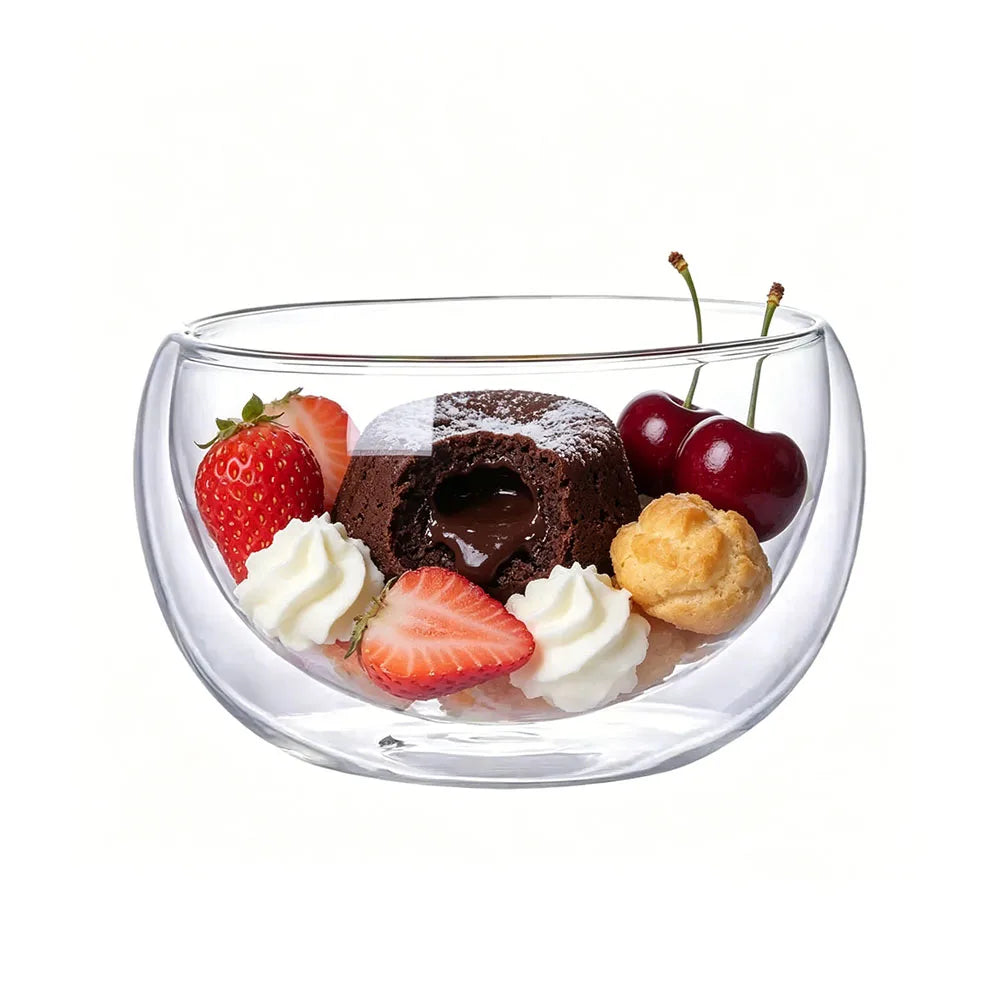 YWDL Double Wall Glass Bowls 300ml/500ml High Borosilicate Dessert Bowl Serving Bowls for Salad Yogurt Ice Cream Soup Quake round base 300ml