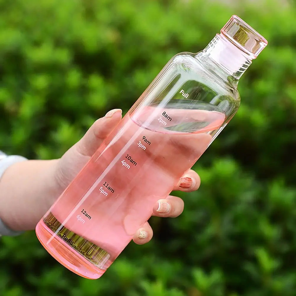 INS Style 500/750ML Water Bottle Leakproof Timescale Juice Bottle Transparent Drinking Cup for Outdoor Sports Quake PINK-500ML