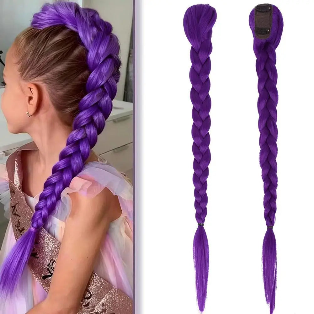 Purple Braided Ponytail Hair Extension for Kids Clip In Long 26 Inch Synthetic Braid for Halloween Christmas Party Cosplay Quake