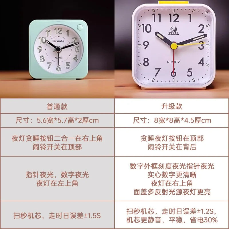 Japanese silent sweep second alarm clock creative bedside fashion with night light postgraduate entrance exam mini alarm clock Quake