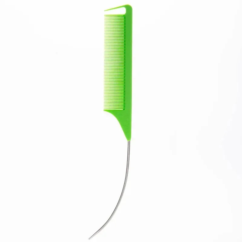 Steel Needle Professional Styling Plastic Heat Resistant Anti-Static Braiding Rat Tail Curved Parting Comb Barber Accessories Quake w green