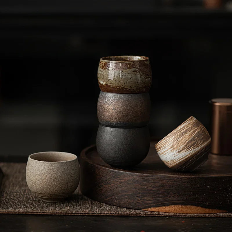 Japanese Handmade Rough Pottery Tea Cup Ceramic Kung Fu Tea Set Single Cup Antique Style Quiet Path Antique Craftsmanship Gift Quake
