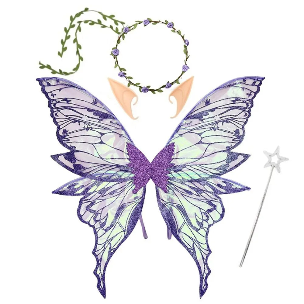 Flower Crown Fairy Costume Set Star Wand Gold Foil Fairy Butterfly Wings Dress-Up Elf Ears Sparkling Angel Wings for Kids Adults Quake