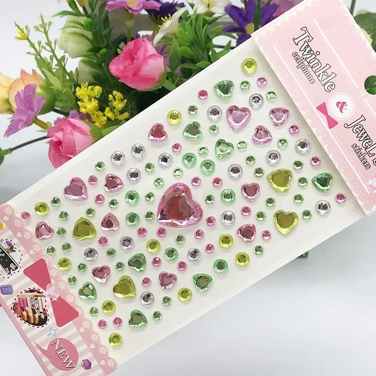 Rhinestone Crystal Face Stickers Diamond Face Makeup DIY Decoration Disposable Acrylic Tattoo Stickers Drill Phone Eyes Sticker Quake Heart-pink green
