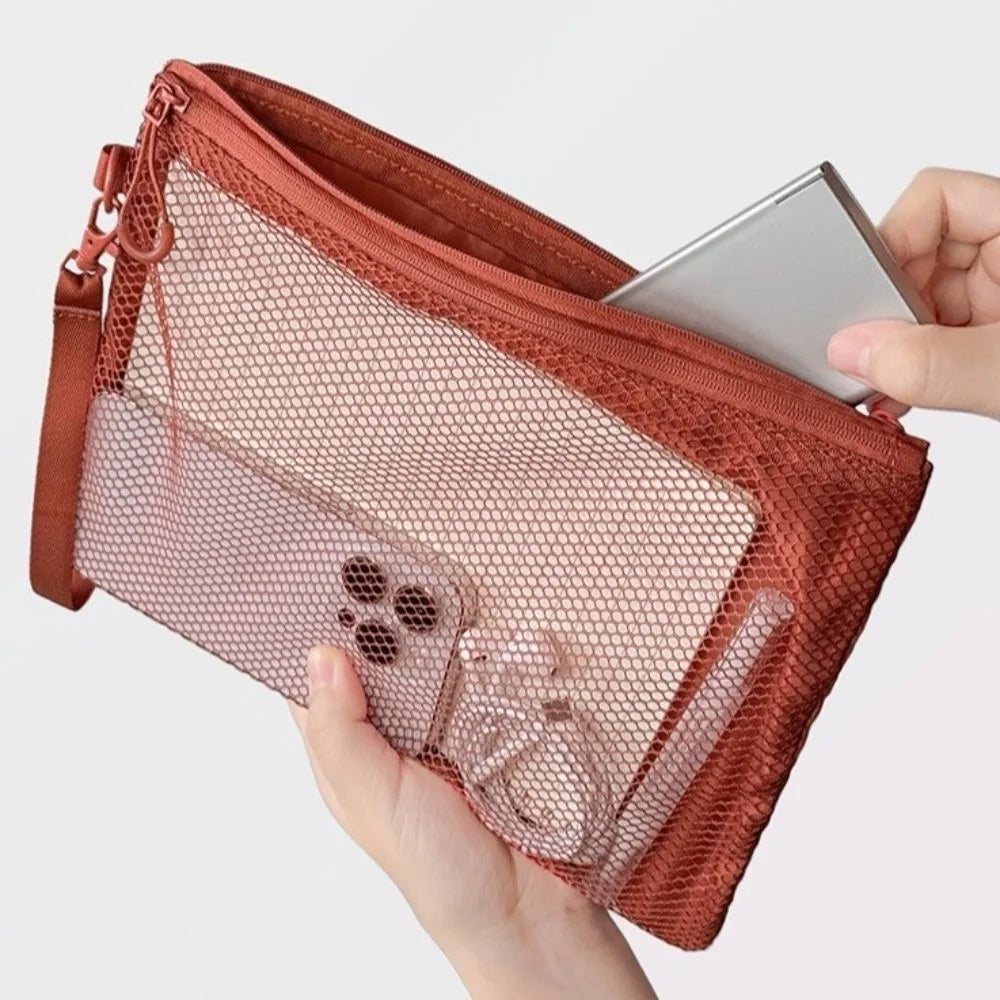 Lightweight Mesh Storage Bag Polyester Solid Color Toiletry Bag With Zipper Multifunctional Cosmetic Bag Toiletry Storage Quake