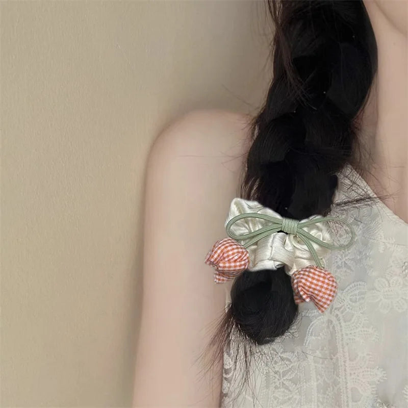 Cream White Pink Tulip Flower Hair Scunchies Satin Bow Hairbands Sweet Cute Ponytail Holder Hair Ropes Hair Styling Accessories Quake
