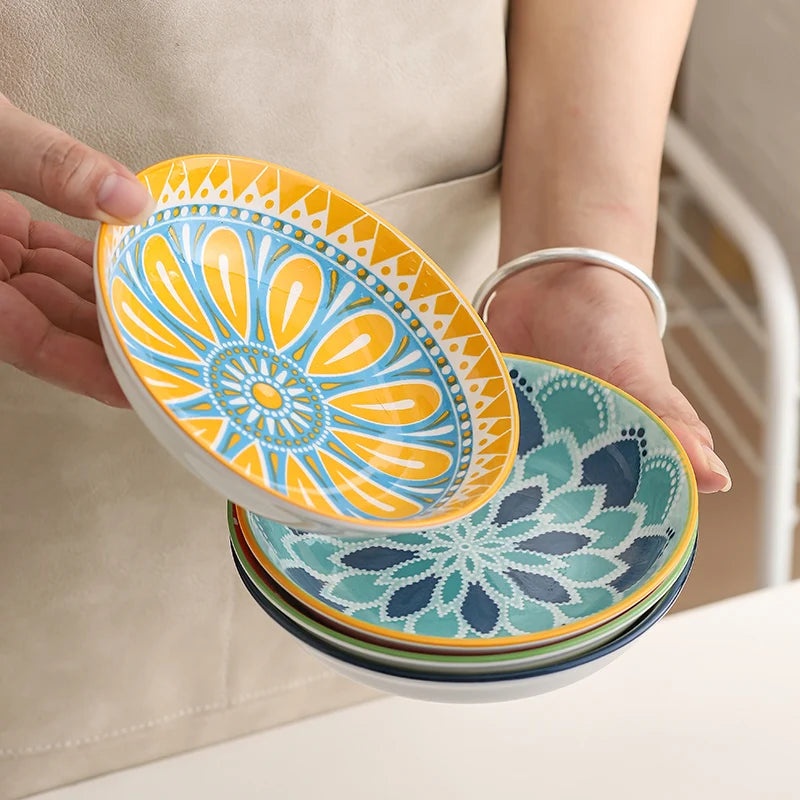 4pc Bohemian Ceramic Plate - Side Dish, Appetizer, Sauce, Bread, Pastry & Breakfast Plates, Safe for Dishwasher& Microwave Quake