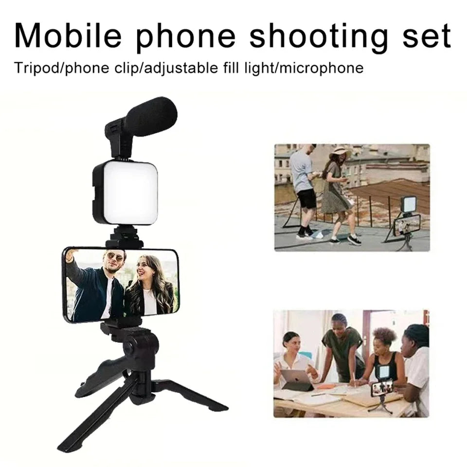 Smartphone Vlogging Kit With Tripod Phone Holder Mini Microphone Fill Light Starter Portable Stabilizer Bracket For Live Stream Quake