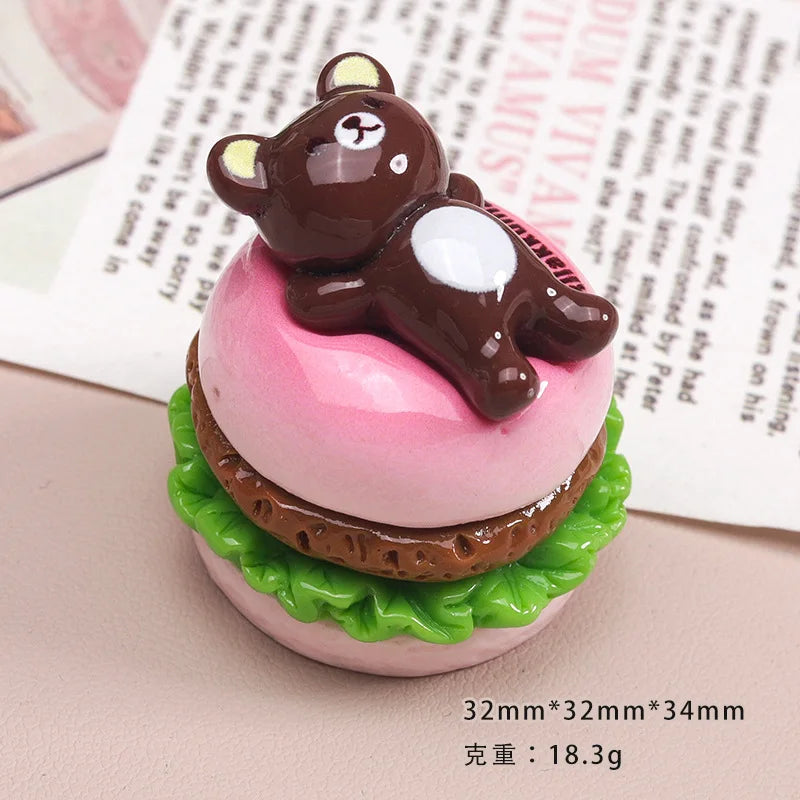 5Pcs Simulation 1:12 Bear Hamburger Resin Cabochon 3D Miniature Fake Food For Craft DIY Jewelry Making Dollhouse Accessories Quake rose pink