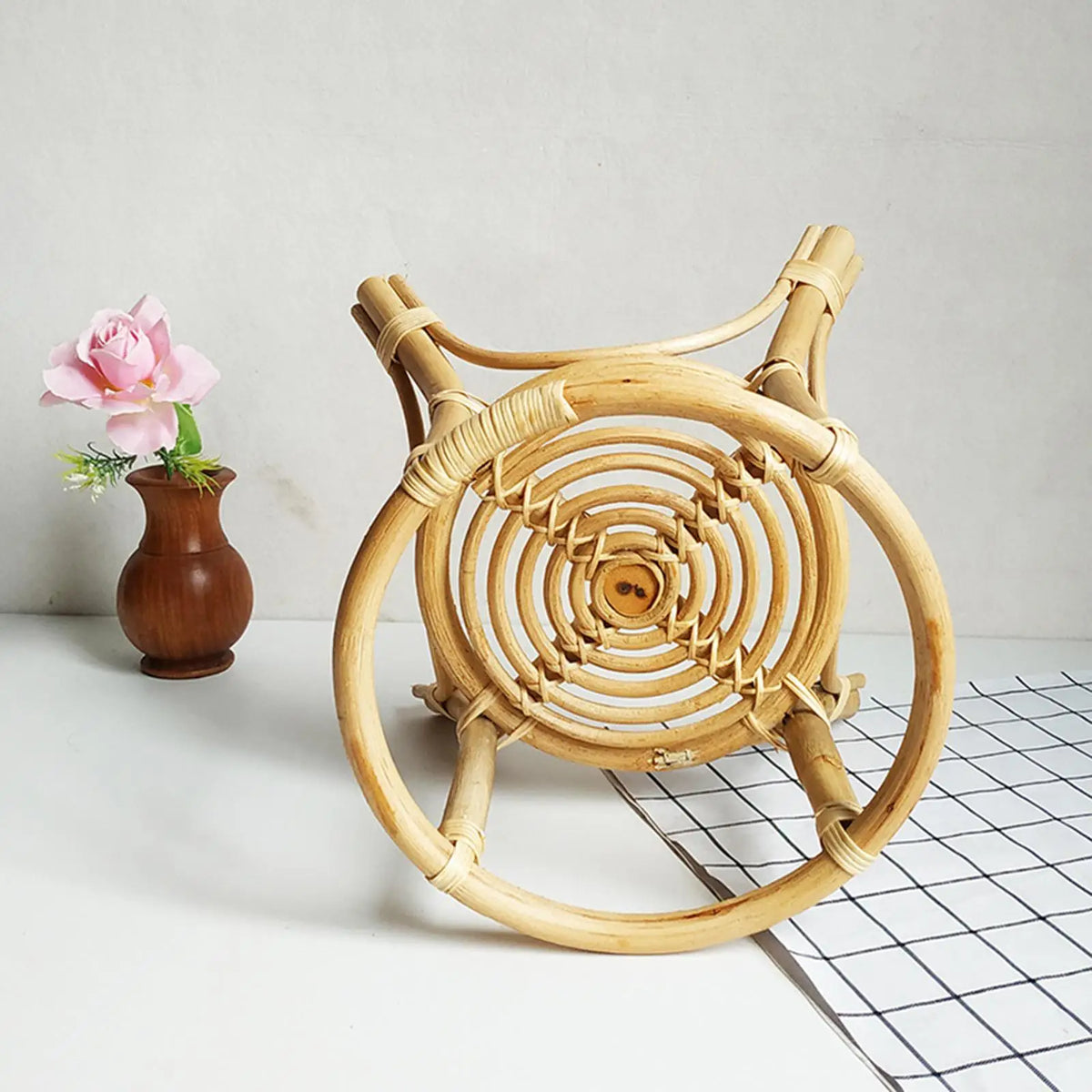 Vintage Style Rattan Plant Stand Rack Succulent Plant Holder Handwoven Wooden Flower Stand for Indoor Plants Balcony Decor Patio Quake Default Title