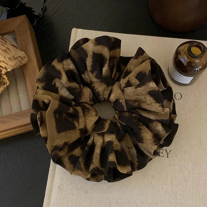 Retro Leopard Print Oversized Hairbands Double-layer Large Intestine Hair Scrunchies Versatile High Elastic Rubber Bands Ropes Quake